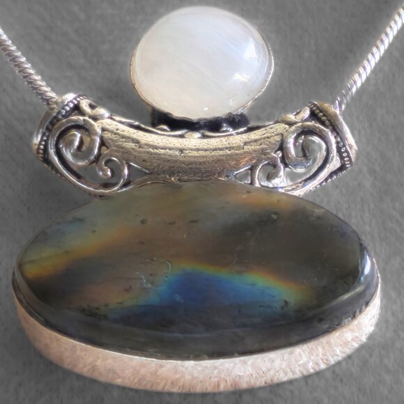 Labradorite Moonstone Decorative Bail Pendant Sterling Necklace Handcrafted NWOT - Picture 7 of 9